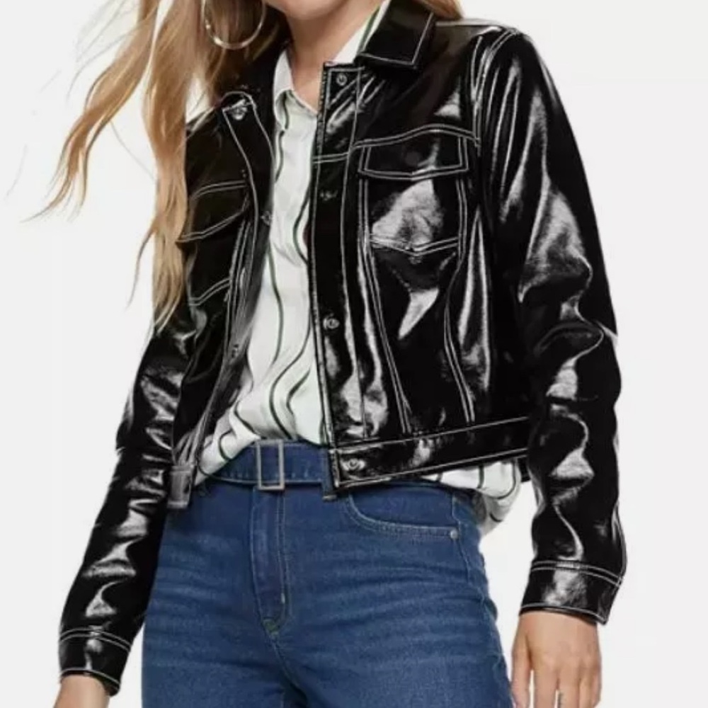 Nine West Faux Leather Biker Jacket in Black with White stitching Size S